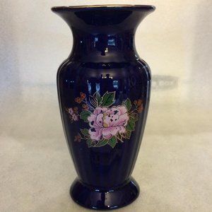 Vintage Cobalt Blue Vase with Floral Print